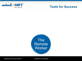 mindSHIFT ConfidentialDelivering IT Peace of MindSM
Tools for Success
The
Remote
Worker
Collaboration
IM/Skype
Connectivity
VPN/ Wi-Fi
Tablets/
Ultrabook's
Space to
work
effectively
 