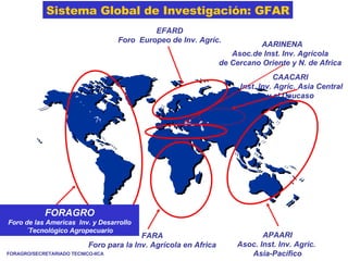 FORAGRO Foro de las Americas  Inv. y Desarrollo ´Tecnológico Agropecuario FARA Foro para la Inv. Agrícola en Africa APAARI Asoc. Inst. Inv. Agríc.  Asia-Pacífico AARINENA Asoc.de Inst. Inv. Agrícola  de Cercano Oriente y N. de Africa  EFARD Foro  Europeo de Inv. Agríc. Sistema Global de Investigación: GFAR FORAGRO/SECRETARIADO TECNICO-IICA  CAACARI Inst. Inv. Agríc. Asia Central y el Caucaso 