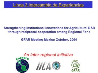 Strengthening Institutional Innovations for Agricultural R&D through reciprocal cooperation among Regional For a GFAR Meeting Mexico October, 2004  Línea 3 Intercambio de Experiencias An Inter-regional initiative 