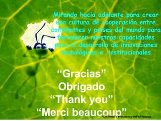 “ Gracias” Obrigado “ Thank you” “ Merci beaucoup” Mirando hacia adelante para crear una cultura de cooperación entre continentes y países del mundo para fortalecer nuestras capacidades para el desarrollo de innovaciones tecnológicas e  institucionales FORAGRO’s Presidency-INIFAP Mexico.  