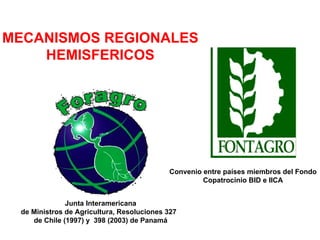 MECANISMOS REGIONALES HEMISFERICOS Junta Interamericana de Ministros de Agricultura, Resoluciones 327  de Chile (1997) y  398 (2003) de Panamá Convenio entre países miembros del Fondo Copatrocinio BID e IICA 