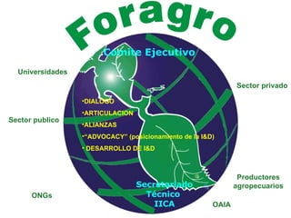 Sector publico Productores agropecuarios ONGs Universidades Sector privado OAIA DIALOGO ARTICULACION ALIANZAS  “ ADVOCACY” (posicionamiento de la I&D) DESARROLLO DE I&D  Comite Ejecutivo Secretariado Técnico  IICA 
