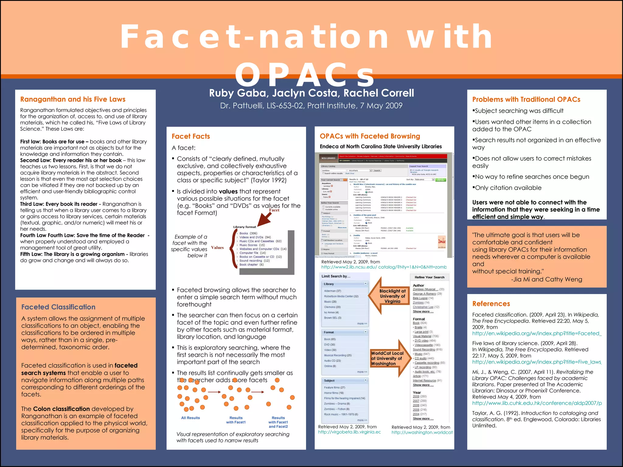 Ruby Gaba, Jaclyn Costa, Rachel Correll Dr. Pattuelli, LIS-653-02, Pratt Institute, 7 May 2009 References Faceted classification. (2009, April 23). In  Wikipedia, The Free Encyclopedia . Retrieved 22:20, May 5, 2009, from  http://en.wikipedia.org/w/index.php?title=Faceted_classification&oldid=285686129 Five laws of library science. (2009, April 28). In  Wikipedia, The Free Encyclopedia . Retrieved 22:17, May 5, 2009, from  http://en.wikipedia.org/w/index.php?title=Five_laws_of_library_science&oldid=286547974 Mi, J., & Weng, C. (2007, April 11).  Revitalizing the Library OPAC: Challenges faced by academic librarians . Paper presented at The Academic Librarian: Dinosaur or Phoenix? Conference. Retrieved May 4, 2009, from  http://www.lib.cuhk.edu.hk/conference/aldp2007/programme/aldp2007_full_paper/CathyWeng.pdf Taylor, A. G. (1992).  Introduction to cataloging and classification . 8 th  ed. Englewood, Colorado: Libraries Unlimited. "The ultimate goal is that users will be comfortable and confident  using library OPACs for their information needs wherever a computer is available and  without special training."  -Jia Mi and Cathy Weng Faceted Classification A system allows the assignment of multiple classifications to an object, enabling the classifications to be ordered in multiple ways, rather than in a single, pre-determined, taxonomic order. Faceted classification is used in  faceted search systems  that enable a user to navigate information along multiple paths corresponding to different orderings of the facets. The  Colon classification  developed by Ranganathan is an example of faceted classification applied to the physical world, specifically for the purpose of organizing library materials. Ranaganthan and his Five Laws Ranganathan formulated objectives and principles for the organization of, access to, and use of library materials, which he called his, “Five Laws of Library Science.” These Laws are: First law: Books are for use –  books and other library materials are important not as objects but for the knowledge and information they contain. Second Law: Every reader his or her book  – this law teaches us two lessons. First, is that we do not acquire library materials in the abstract. Second lesson is that even the most apt selection choices can be vitiated if they are not backed up by an efficient and user-friendly bibliographic control system. Third Law: Every book its reader -  Ranganathan is telling us that when a library user comes to a library or gains access to library services, certain materials (textual, graphic, and/or numeric) will meet his or her needs. Fourth Law Fourth Law: Save the time of the Reader  -  when properly understood and employed a management tool of great utility. Fifth Law: The library is a growing organism -  libraries do grow and change and will always do so. Facet Facts A facet: Consists of “clearly defined, mutually exclusive, and collectively exhaustive aspects, properties or characteristics of a class or specific subject” (Taylor 1992) Is divided into  values  that represent various possible situations for the facet (e.g. “Books” and “DVDs” as values for the facet Format) Faceted browsing allows the searcher to enter a simple search term without much forethought The searcher can then focus on a certain facet of the topic and even further refine by other facets such as material format, library location, and language This is exploratory searching, where the first search is not necessarily the most important part of the search The results list continually gets smaller as the searcher adds more facets OPACs with Faceted Browsing Endeca at North Carolina State University Libraries n Problems with Traditional OPACs Subject searching was difficult Users wanted other items in a collection added to the OPAC Search results not organized in an effective way Does not allow users to correct mistakes easily No way to refine searches once begun Only citation available Users were not able to connect with the information that they were seeking in a time efficient and simple way .  Example of a facet with the specific values below it Facet-nation with OPACs Visual representation of exploratory searching with facets used to narrow results Retrieved May 2, 2009, from  http://www2.lib.ncsu.edu/ catalog/?Nty=1&N=0&Ntt=zombies&Ntk=Keyword Retrieved May 2, 2009, from  http://virgobeta.lib.virginia.edu/catalog?q=zombies&focus=&per_page=10 Retrieved May 2, 2009, from  http://uwashington.worldcat.org/search?qt=worldcat_org_all&q=zombies Blacklight at University of Virginia WorldCat Local  at University of Washington Facet Values 