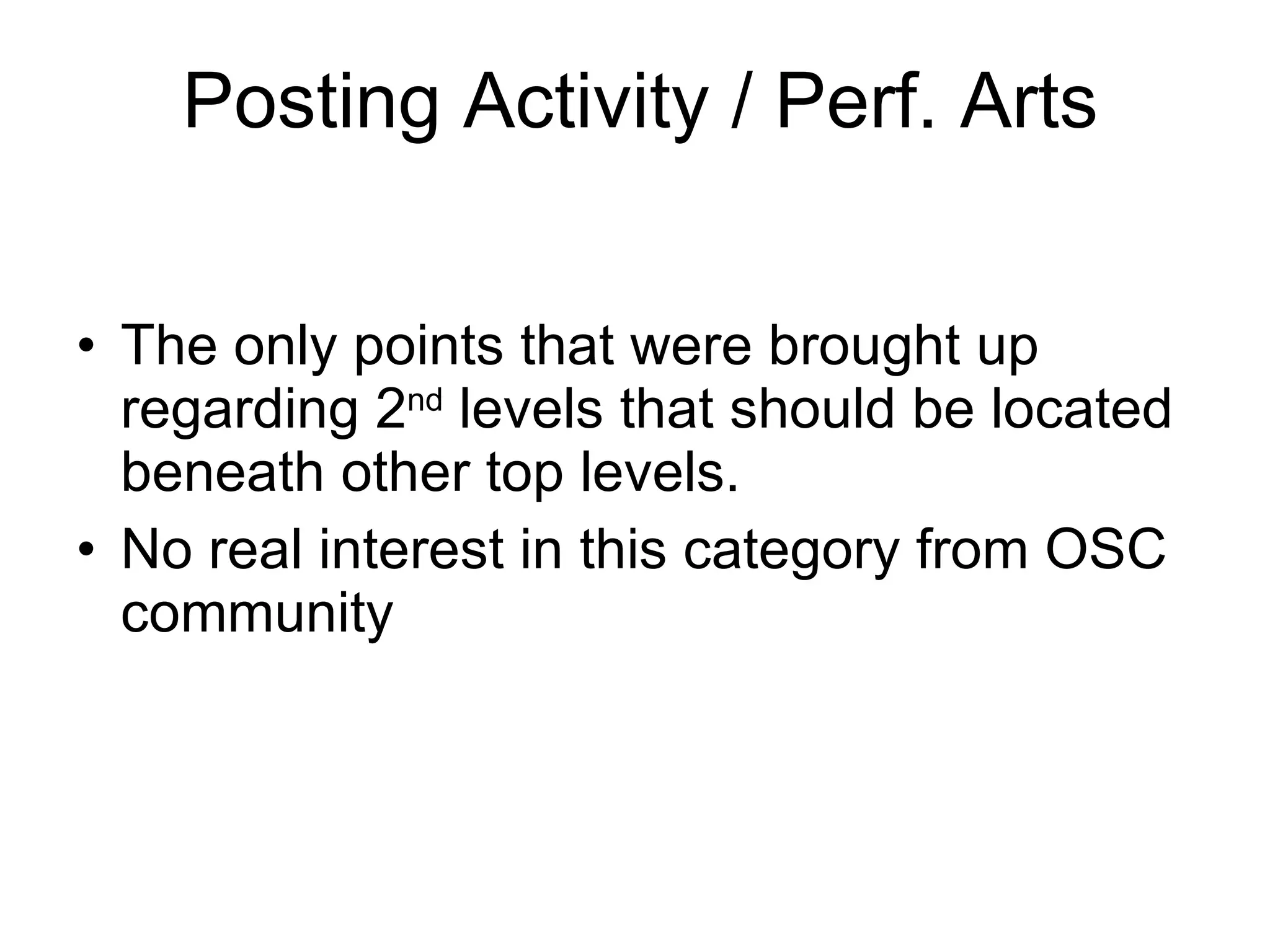 Posting Activity / Perf. Arts The only points that were brought up regarding 2 nd  levels that should be located beneath other top levels. No real interest in this category from OSC community 