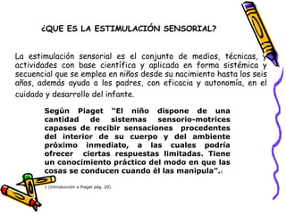¿QUE ES LA ESTIMULACIÓN SENSORIAL?


La estimulación sensorial es el conjunto de medios, técnicas, y
actividades con base científica y aplicada en forma sistémica y
secuencial que se emplea en niños desde su nacimiento hasta los seis
años, además ayuda a los padres, con eficacia y autonomía, en el
cuidado y desarrollo del infante.

       Según Piaget “El niño dispone de una
       cantidad   de  sistemas    sensorio-motrices
       capases de recibir sensaciones procedentes
       del interior de su cuerpo y del ambiente
       próximo inmediato, a las cuales podría
       ofrecer ciertas respuestas limitadas. Tiene
       un conocimiento práctico del modo en que las
       cosas se conducen cuando él las manipula”.1

       1 (Introducción a Piaget pág. 20)
 