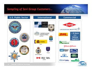 Sampling of Savi Group Customers…

    U.S. Public Sector                       International                       Commercial




                                                                       Denmark

                                                                                       + 30 Major
                                                 Australia
                                                                                          U.S.
                                                                                         Defense
                                                                                        Suppliers
                                                                       Sweden


                                                 Spain




                                                                  Poland
                                        United Kingdom




                                                         Canada




8    Copyright © 2008 Savi Technology
 