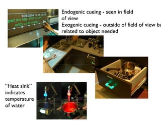 Endogenic cueing - seen in ?eld
              of view
              Exogenic cueing - outside of ?eld of view bu
              related to object needed




Heat sink
indicates
temperature
of water
 