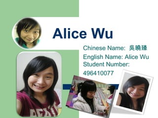 Alice Wu Chinese Name:  吳曉臻 English Name: Alice Wu Student Number: 496410077 