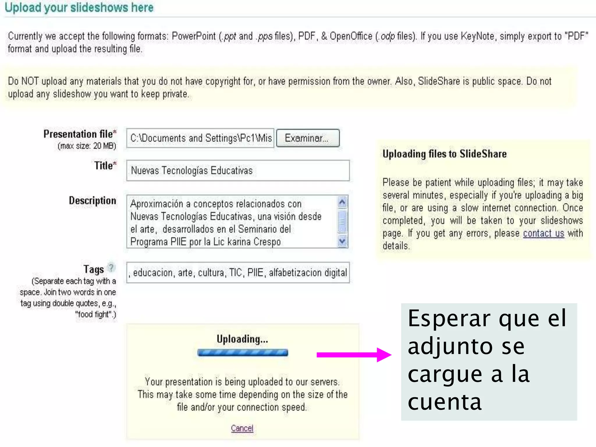 Esperar que el adjunto se cargue a la cuenta