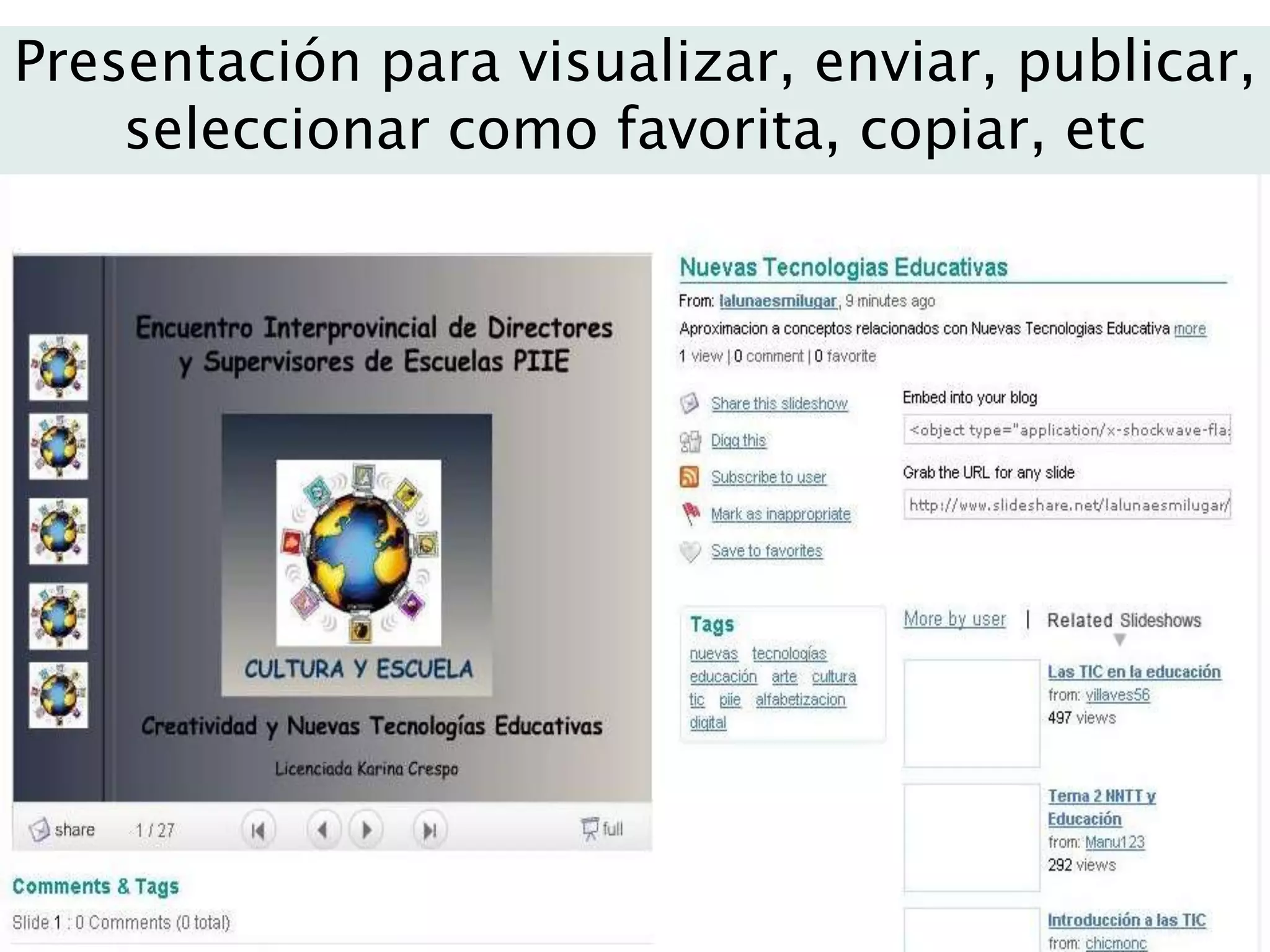 Presentación para visualizar, enviar, publicar, seleccionar como favorita, copiar, etc
