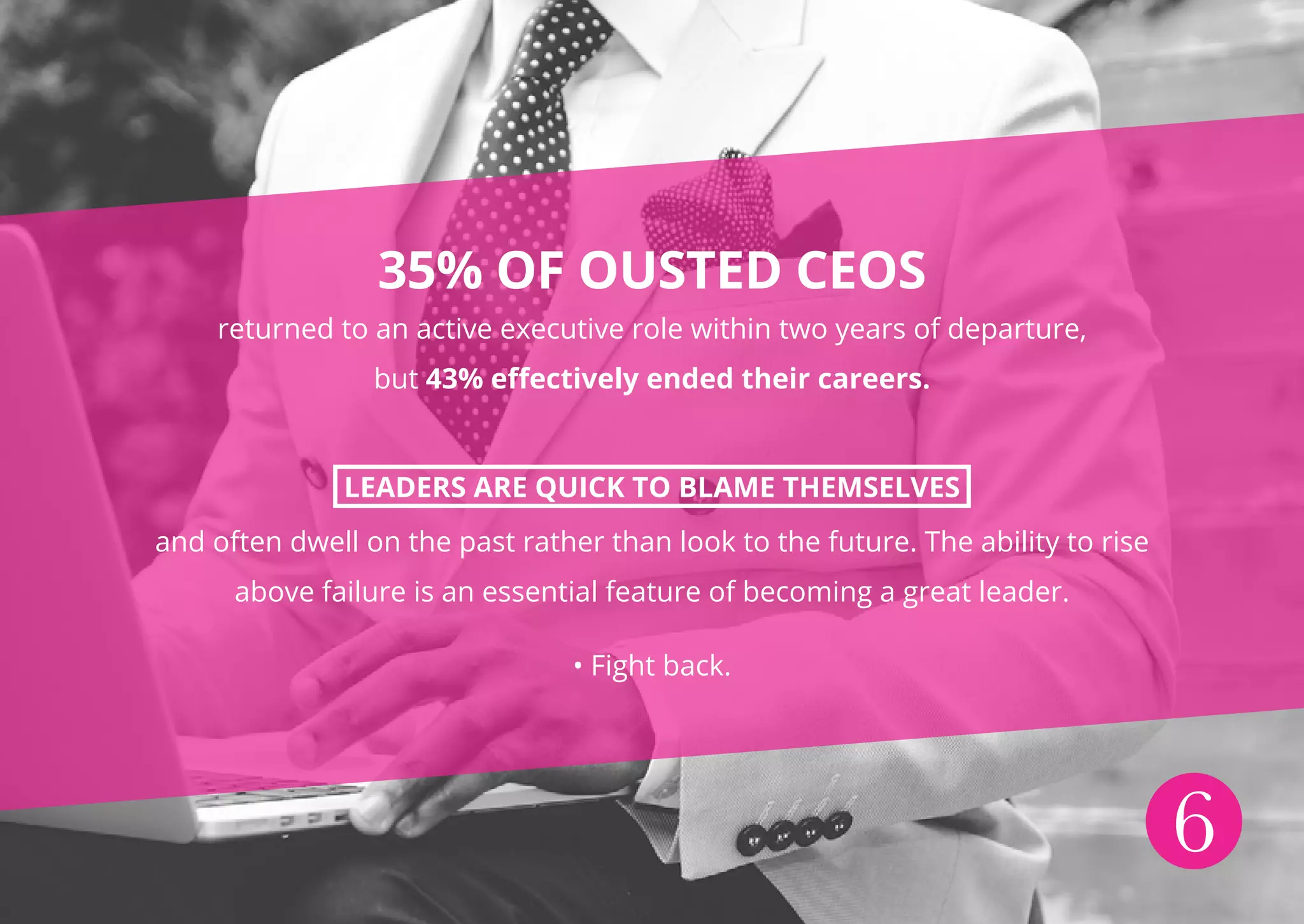6
35% OF OUSTED CEOS
returned to an active executive role within two years of departure,
but 43% effectively ended their careers.
LEADERS ARE QUICK TO BLAME THEMSELVES
and often dwell on the past rather than look to the future. The ability to rise
above failure is an essential feature of becoming a great leader.
• Fight back.
6
 