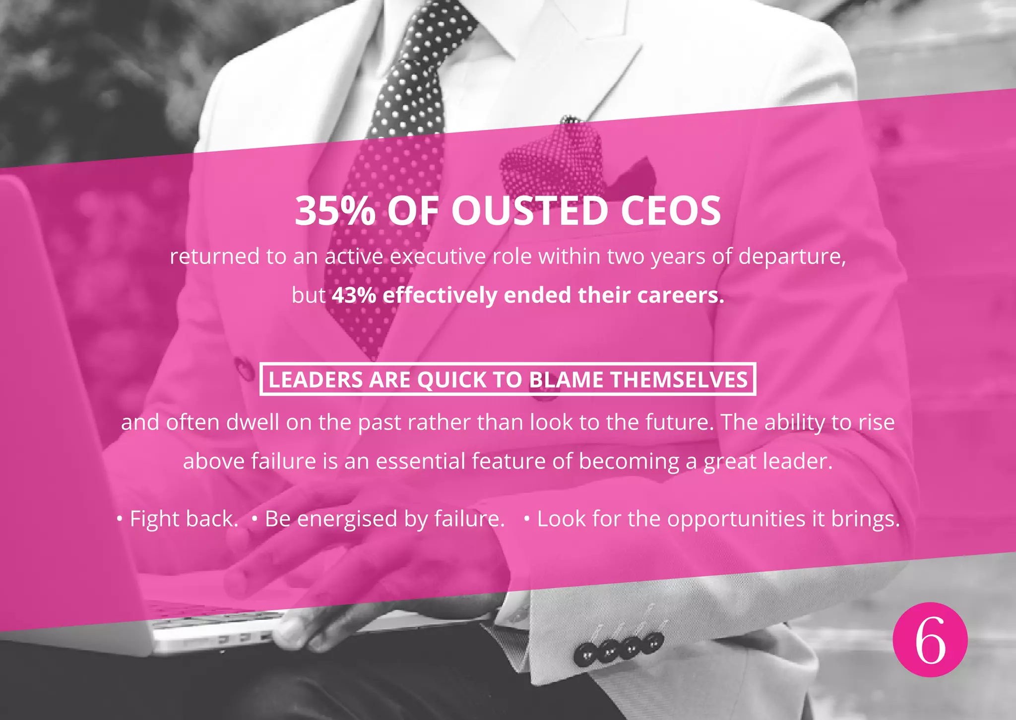 6
35% OF OUSTED CEOS
returned to an active executive role within two years of departure,
but 43% effectively ended their careers.
LEADERS ARE QUICK TO BLAME THEMSELVES
and often dwell on the past rather than look to the future. The ability to rise
above failure is an essential feature of becoming a great leader.
• Fight back. • Be energised by failure. • Look for the opportunities it brings.
6
 