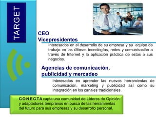 TARGETCEOVicepresidentes	Interesados en el desarrollo de su empresa y su  equipo de trabajo en las últimas tecnologías, redes y comunicación a través de Internet y la aplicación práctica de estas a sus negocios.Agencias de comunicación,publicidad y mercadeo	Interesados en aprender las nuevas herramientas de comunicación, marketing y publicidad así como su integración en los canales tradicionales.CONECTAcapta una comunidad de Líderes de Opinión y adaptadores tempranos en busca de las herramientas del futuro para sus empresas y su desarrollo personal.