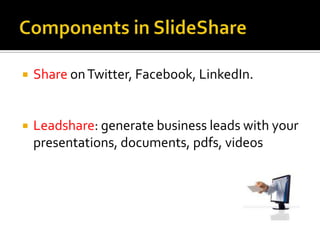 Components in SlideShareShare on Twitter, Facebook, LinkedIn. Leadshare: generate business leads with your presentations, documents, pdfs, videos 