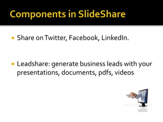 Components in SlideShareShare on Twitter, Facebook, LinkedIn. Leadshare: generate business leads with your presentations, documents, pdfs, videos 