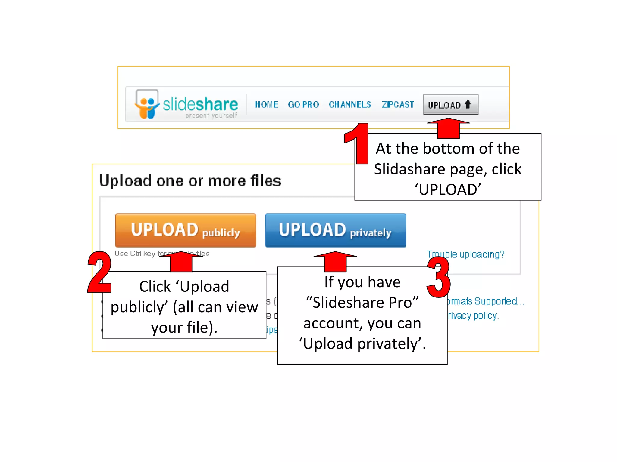 Click ‘Upload publicly’ (all can view your file). If you have “Slideshare Pro” account, you can ‘Upload privately’. At the bottom of the Slidashare page, click ‘UPLOAD’ 1 2 3 