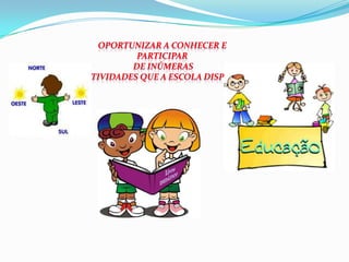 Oportunizar a conhecer e participar de inúmerasAtividades que a escola dispõe.