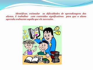Identificar, estimular as dificuldades de aprendizagens dos alunos. E trabalhar  com conteúdos significativos  para que o aluno  aprenda realmente aquilo que ele necessita .
