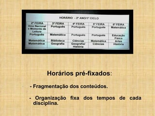 Horários pré-fixados : - Fragmentação dos conteúdos. - Organização fixa dos tempos de cada disciplina.