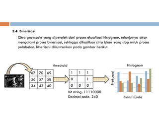 3.4. Binerisasi
   Citra grayscale yang diperoleh dari proses ekualisasi histogram, selanjutnya akan
   mengalami proses binerisasi, sehingga dihasilkan citra biner yang siap untuk proses
   pelabelan. Binerisasi diilustrasikan pada gambar berikut.



                         threshold                           6             Histogram
                                                             5
            67 70 69                  1    1    1




                                                             Frekuensi
                                                             4
            56 57 58                  0         1            3
                                                             2
            34 43 40                  0    0    0            1
                                     Bit string: 11110000    0
                                     Decimal code: 240                   Binari Code
 