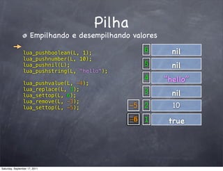 Pilha
                      Empilhando e desempilhando valores

                lua_pushboolean(L, 1);              6        nil
                lua_pushnumber(L, 10);
                lua_pushnil(L);                     5        nil
                lua_pushstring(L, "hello");
                                                    4      “hello”
                lua_pushvalue(L, -4);
                lua_replace(L, 3);
                lua_settop(L, 6);
                                                    3        nil
                lua_remove(L, -3);
                lua_settop(L, -5);              -5 2         10
                                                -5
                                                -4
                                                -3
                                                -2 1
                                                -1
                                                -6          true




Saturday, September 17, 2011
 