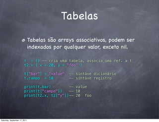 Tabelas

                               Tabelas são arrays associativos, podem ser
                               indexados por qualquer valor, exceto nil.

                        t = {} -- cria uma tabela, associa uma ref. a t
                        t2 = { x = 20, y = "foo" }

                        t["bar"] = "value"     -- sintáxe dicionário
                        t.campo = 10           -- sintáxe registro

                        print(t.bar)        -- value
                        print(t["campo"])   -- 10
                        print(t2.x, t2["y"])-- 20 foo




Saturday, September 17, 2011
 