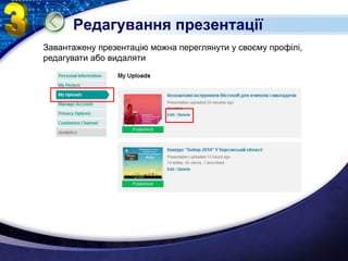 Редагування презентаціїЗавантажену презентацію можна переглянути у своєму профілі, редагувати або видаляти
