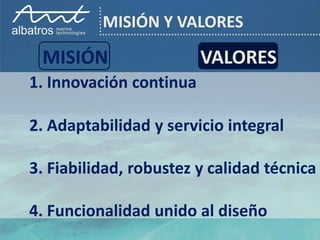 MISIÓN Y VALORES

 MISIÓN                  VALORES
1. Innovación continua

2. Adaptabilidad y servicio integral

3. Fiabilidad, robustez y calidad técnica

4. Funcionalidad unido al diseño
 