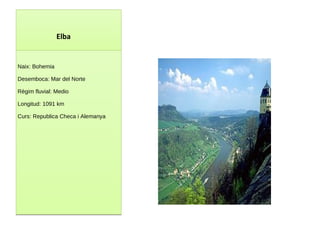 Elba Naix : Bohemia Desemboca: Mar del Norte Règim fluvial: Medio Longitud: 1091 km Curs : Republica Checa i Alemanya 