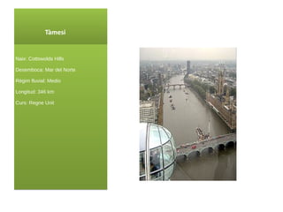 Tàmesi Naix : Cottswolds Hills Desemboca: Mar del Norte Règim fluvial: Medio Longitud: 346 km Curs : Regne Unit 