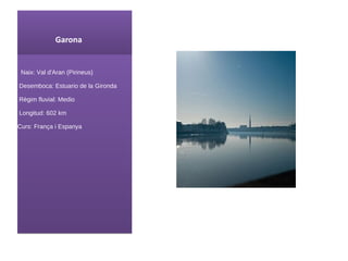 Garona Naix : Val d'Aran ( Pirineus ) Desemboca: Estuario de la Gironda Règim fluvial: Medio Longitud: 602 km Curs : França i Espanya 