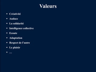 Valeurs
 Créativité
 Audace
 La solidarité
 Intelligence collective
 Ecoute
 Adaptation
 Respect de l’autre
 Le plaisir
 …
 