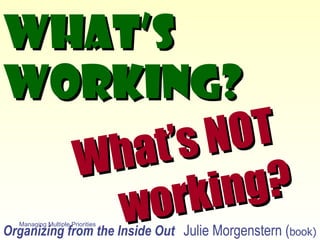 What’s working? Managing Multiple Priorities What’s NOT  working? Organizing from the Inside Out   Julie Morgenstern ( book) 