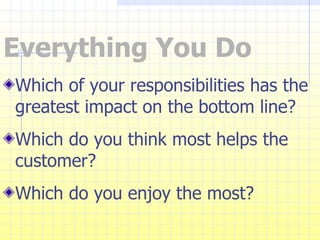 Everything You Do Which of your responsibilities has the greatest impact on the bottom line? Which do you think most helps the customer? Which do you enjoy the most? 