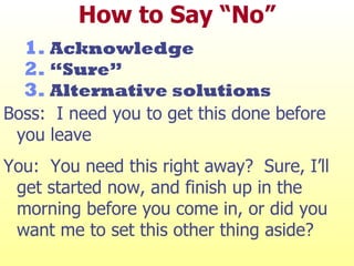 How to Say “No” Acknowledge “ Sure”  Alternative solutions Boss:  I need you to get this done before you leave You:  You need this right away?  Sure, I’ll get started now, and finish up in the morning before you come in, or did you want me to set this other thing aside? 