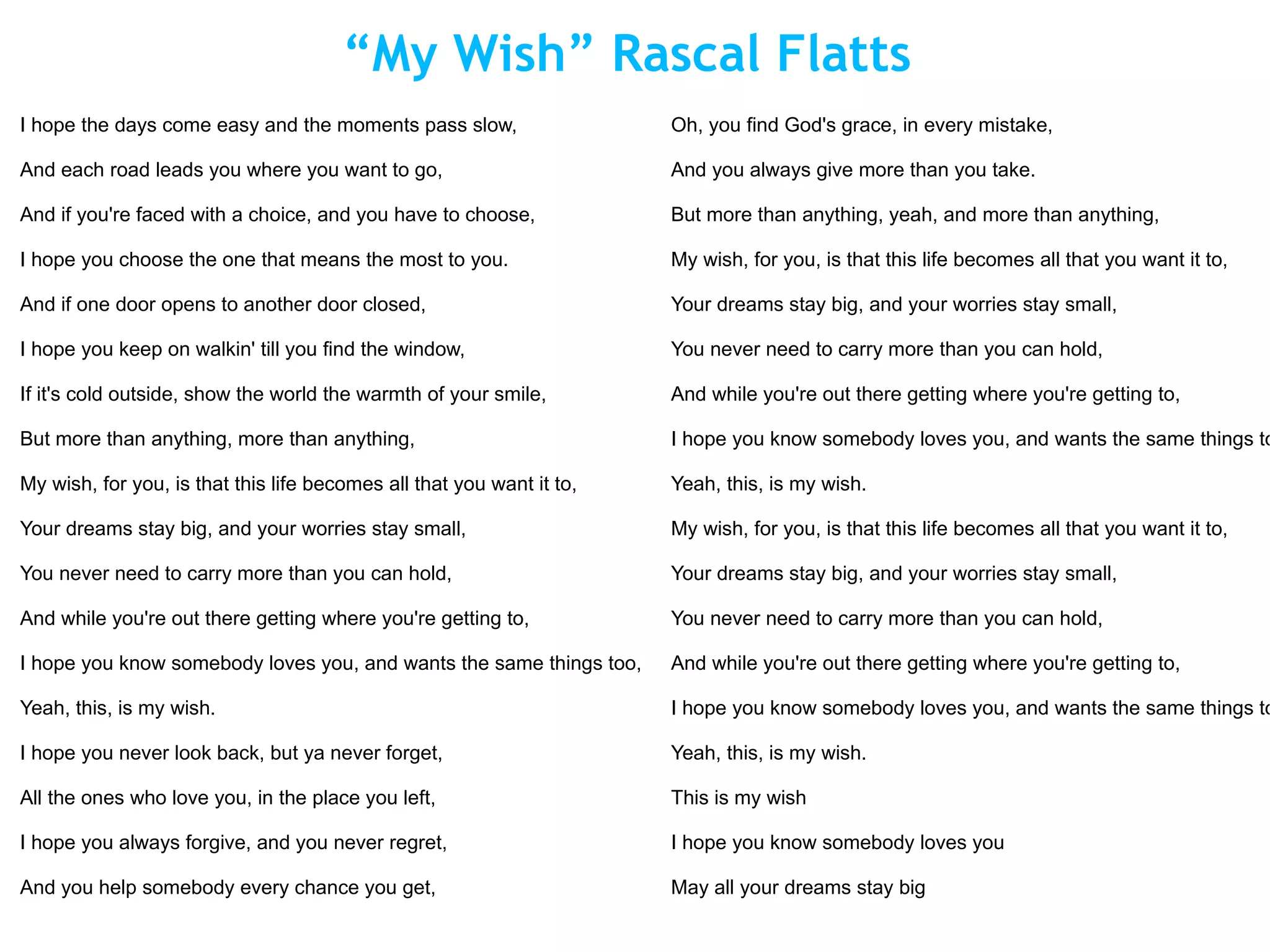 “My Wish” Rascal Flatts
I hope the days come easy and the moments pass slow,                   Oh, you find God's grace, in every mistake,

And each road leads you where you want to go,                          And you always give more than you take.

And if you're faced with a choice, and you have to choose,             But more than anything, yeah, and more than anything,

I hope you choose the one that means the most to you.                  My wish, for you, is that this life becomes all that you want it to,

And if one door opens to another door closed,                          Your dreams stay big, and your worries stay small,

I hope you keep on walkin' till you find the window,                   You never need to carry more than you can hold,

If it's cold outside, show the world the warmth of your smile,         And while you're out there getting where you're getting to,

But more than anything, more than anything,                            I hope you know somebody loves you, and wants the same things to

My wish, for you, is that this life becomes all that you want it to,   Yeah, this, is my wish.

Your dreams stay big, and your worries stay small,                     My wish, for you, is that this life becomes all that you want it to,

You never need to carry more than you can hold,                        Your dreams stay big, and your worries stay small,

And while you're out there getting where you're getting to,            You never need to carry more than you can hold,

I hope you know somebody loves you, and wants the same things too,     And while you're out there getting where you're getting to,

Yeah, this, is my wish.                                                I hope you know somebody loves you, and wants the same things to

I hope you never look back, but ya never forget,                       Yeah, this, is my wish.

All the ones who love you, in the place you left,                      This is my wish

I hope you always forgive, and you never regret,                       I hope you know somebody loves you

And you help somebody every chance you get,                            May all your dreams stay big
 