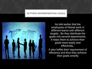 SETTING DEPARTMENTAL GOALS



                     As told earlier that the
                  employees of Nishat work in
                 different teams with different
                targets.. So they distribute the
               goals into several departments.
                 It helps them to achieve their
                     goals more easily and
                            effectively..
              It also fulfills their requirement of
              efficiency and thus they achieve
                       their goals smartly
 