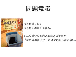 問題意識

まとめ借りして
まとめて返却する顧客。


そんな重要なお店と顧客との接点が
「ただの返却BOX」だけではもったいない。
 