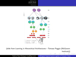 Motivation
                                 HMAX Model
                                 Improvements
                                     Summary




(slide from Learning in Hierarchical Architectures – Tomaso Poggio (McGovern
                                                                                       Institute))

       Federico Raue Rodriguez (raue@iupr.com)   Biological Inspired Systems applied to Computer Vision
 