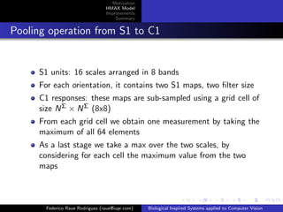 Motivation
                                 HMAX Model
                                 Improvements
                                     Summary


Pooling operation from S1 to C1


     S1 units: 16 scales arranged in 8 bands
     For each orientation, it contains two S1 maps, two ﬁlter size
     C1 responses: these maps are sub-sampled using a grid cell of
     size N Σ × N Σ (8x8)
     From each grid cell we obtain one measurement by taking the
     maximum of all 64 elements
     As a last stage we take a max over the two scales, by
     considering for each cell the maximum value from the two
     maps



       Federico Raue Rodriguez (raue@iupr.com)   Biological Inspired Systems applied to Computer Vision
 