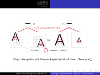 Motivation
                             HMAX Model
                             Improvements
                                 Summary




(Object Recognition with Features Inspired by Visual Cortex (Serre et al.))




   Federico Raue Rodriguez (raue@iupr.com)   Biological Inspired Systems applied to Computer Vision
 