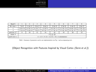 Motivation
                             HMAX Model
                             Improvements
                                 Summary




(Object Recognition with Features Inspired by Visual Cortex (Serre et al.))




   Federico Raue Rodriguez (raue@iupr.com)   Biological Inspired Systems applied to Computer Vision
 