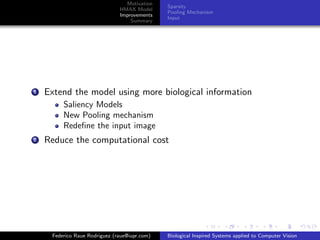 Motivation
                                               Sparsity
                               HMAX Model
                                               Pooling Mechanism
                               Improvements
                                               Input
                                   Summary




1   Extend the model using more biological information
         Saliency Models
         New Pooling mechanism
         Redeﬁne the input image
2   Reduce the computational cost




     Federico Raue Rodriguez (raue@iupr.com)   Biological Inspired Systems applied to Computer Vision
 