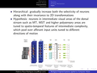 Motivation
                                            Sparsity
                            HMAX Model
                                            Pooling Mechanism
                            Improvements
                                            Input
                                Summary


Hierarchical: gradually increase both the selectivity of neurons
along with their invariance to 2D transformations
Hypothesis: neurons in intermediate visual areas of the dorsal
stream such as MT, MST and higher polysensory areas are
tuned to spatio-temporal features of intermediate complexity,
which pool over aﬀerant input units tuned to diﬀerent
directions of motion




  Federico Raue Rodriguez (raue@iupr.com)   Biological Inspired Systems applied to Computer Vision
 