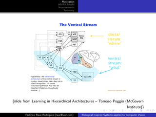 Motivation
                                 HMAX Model
                                 Improvements
                                     Summary




(slide from Learning in Hierarchical Architectures – Tomaso Poggio (McGovern
                                                                                       Institute))
       Federico Raue Rodriguez (raue@iupr.com)   Biological Inspired Systems applied to Computer Vision
 