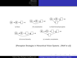 Motivation
                          HMAX Model
                          Improvements
                              Summary




     (Perception Strategies in Hierarchical Vision Systems. (Wolf et al))




Federico Raue Rodriguez (raue@iupr.com)   Biological Inspired Systems applied to Computer Vision
 