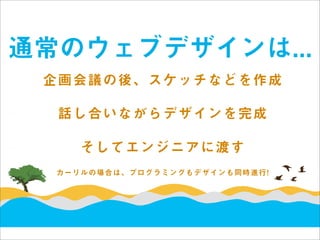 通常のウェブデザインは...
 企画会議の後、スケッチなどを作成

  話し合いながらデザインを完成

     そしてエンジニアに渡す
  カーリルの場合は、プログラミングもデザインも同時進行!
 