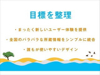 目標を整理
  ・まったく新しいユーザー体験を提供

・全国のバラバラな所蔵情報をシンプルに統合

    ・誰もが使いやすいデザイン
 