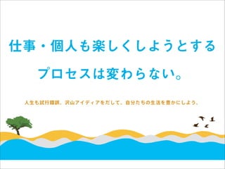 仕事・個人も楽しくしようとする

   プロセスは変わらない。
 人生も試行錯誤。沢山アイディアをだして、自分たちの生活を豊かにしよう。
 