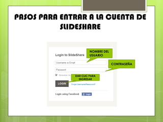 PASOS PARA ENTRAR A LA CUENTA DE
           SLIDESHARE

                       NOMBRE DEL
                       USUARIO

                                    CONTRASEÑA


              DAR CLIC PARA
                INGRESAR
 
